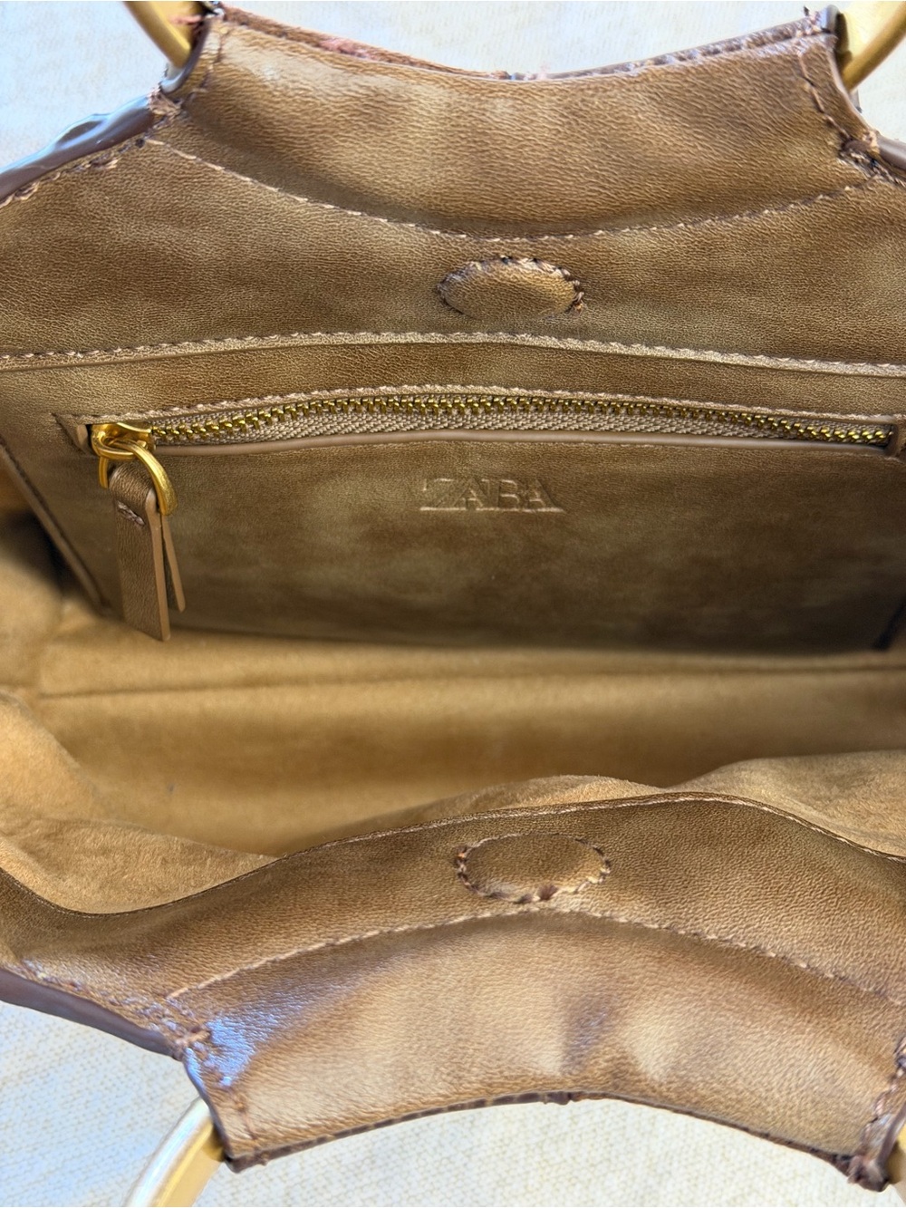 Zara Brown Patchwork Mini Bag with Gold Ring Handle - Picture 10 of 16